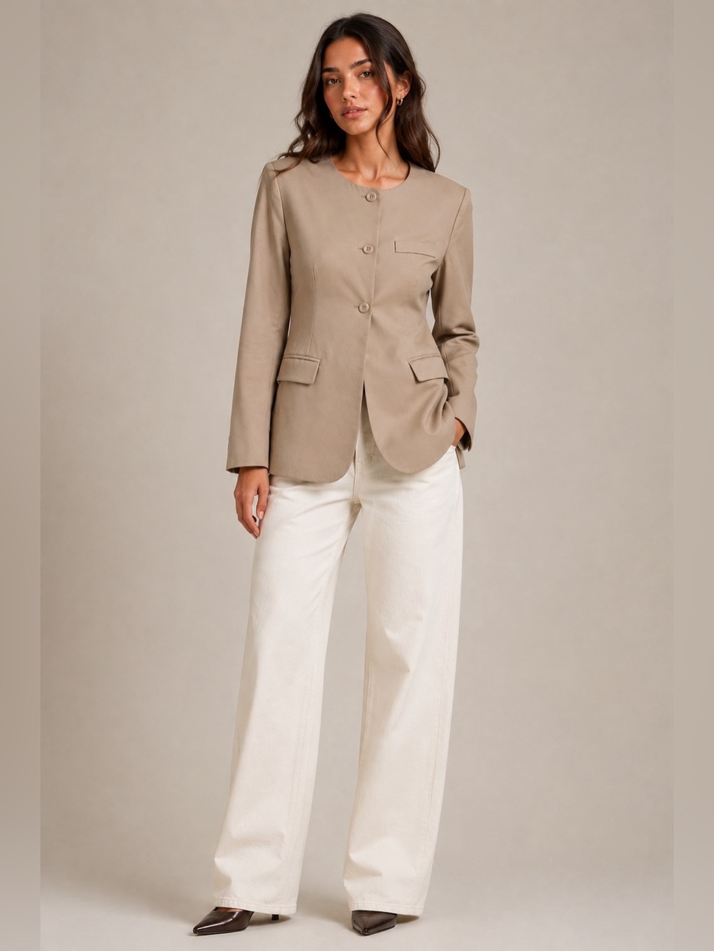 Anthropologie Moon River Collarless Blazer in Beige